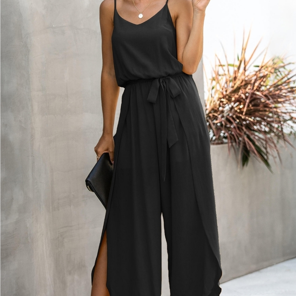 Summer fashion V-neck Strap wide leg sides split